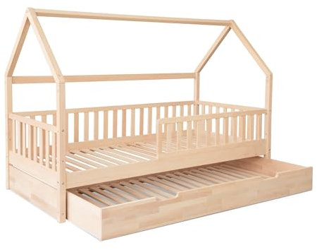 Ehrenkind® Hausbett Buche Livo | FSC Zertifiziert | Kinderbett mit Rausfallschutz | höhenverstellbar Massivholz | Kinder Bett | Hausbett 200x90 | Natur mit Bettkasten