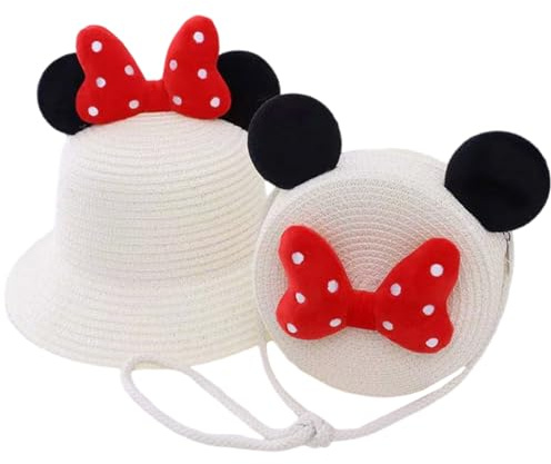 OPVXZAD Cappello Borsa di Paglia con Decorazione a Fiocco,Cappello da Sole per Bambina e Borse Se per Bambino Spiaggi attività All'aperto