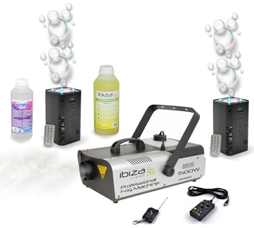 Ibiza - Pack Lumière Machine fumée DMX 1500W Ibiza LSM1500PRO - 2 Machines à Bulle LED BUBBLE-DREAM - Liquides inclus - Soirée DJ Mariage