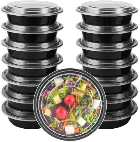 EnthuLove Round Meal Prep Containers Reusable, 24oz BPA-Free Salad Lunch Box, Microwavable Dishwasher Safe Food Containers with Airtight Lids, Takeaway Stackable Salad Bowl (15 Pack)