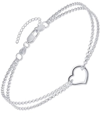 Amberta Italienisches Fußkettchen aus Sterlingsilber 925 für Damen | Verstellbares Fußband mit Perlen und Herz – Sommer-Schmuck