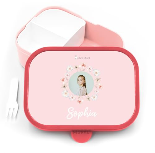 Muckelmeister personalisierte Bento Box Kinder für Mepal - Pink - Blumen | 750 ml, Schule, Kindergarten, Einschulung, für Mädchen, spülmaschinenfest, mit Fächern, Brotdose Kinder, Lunchbox Kinder