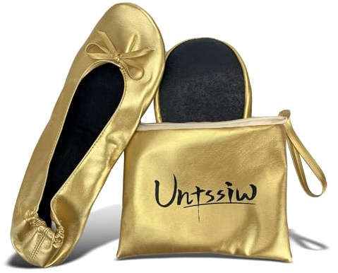Untssiw Women's Foldable Portable Ballet Flat Roll Up Slipper Shoes with Travel Pouch - Fold Up Ballet Flats for Women (Gold L)