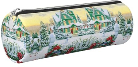 DNBCLEZK Boîte aux lettres de Noël et cadeaux de Noël jolie trousse ronde en cuir de qualité supérieure avec fermeture éclair lisse et tirette en métal durable, organiseur de papeterie imprimé complet
