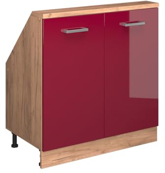 Vicco Dachschrägenschrank Rion, Rot Hochglanz/Goldkraft Eiche | B80 x T46 cm, mit 2 Türen, platzsparend für Dachschrägen