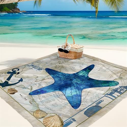 DOTBUY-SHOP Stranddecke Groß, Stranddecke Sandfrei, Picknickdecke Wasserdicht, Faltbar Strandmatte, Schnelltrocknend Outdoor Picknickmatte für Wandern Camping, Seestern (Blauer Seestern,200x200cm)