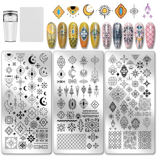 PH PandaHall 3 piastre vintage totem per stamping unghie, stili etnici, stencil per nail art, bohémien, modelli artistici per manicure, luna, stella, nail art, per donne, manicure fai da te, stampa