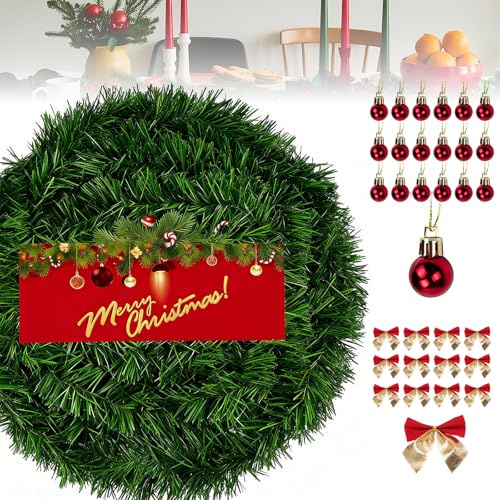 NefLaca 22 m Weihnachtsgirlande mit 45 Weihnachtsschleifen 45 Weihnachtskugeln Dekoration DIY künstliche Kieferngirlande für den Innen- und Außenbereich Diese Tannengirlande erfreut die ganze Familie
