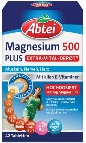 ABTEI Magnesium 500 Plus - hochdosierte Magnesiumtabletten - Vegan - 42 St. | 500 mg Magnesium mit Vitamin B-Komplex für Muskeln, Nerven & Herz, Magnesiumkomplex glutenfrei, mit Extra-Vital-Depot