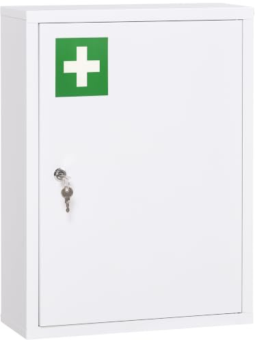 kleankin Armadietto Farmaci a Parete 3 Ripiani 40x15x53.5 cm Bianco | 2 Chiavi di Sicurezza, Armadietto Porta Medicinali in Acciaio