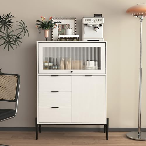 Credenza con porta scorrevole in vetro a coste e 3 cassetti, elegante armadietto in stile retrò, consolle per ingresso, cucina e soggiorno