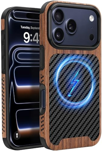 ZZDZZ Coque Magnétique pour iPhone 17 Pro [Compatible avec MagSafe] Étui de Cuir en Bois et Carbone Protection Antichoc Housse pour iPhone 17 Pro - Noir