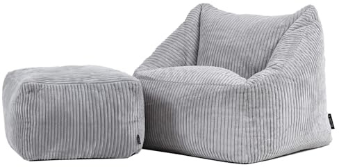 Icon Natalia Sitzsack Kinder mit Hocker, Grau, Flauschiger Cord Stoff, Sitzsack Cord mit Füllung, Bequemer Kinder Sessel, Kuschelsessel, Lese Sessel, Schlafzimmer, Kinderzimmer, Spielzimmer | Hergestellt in Deutschland, Kindersessel, weicher Cord-Stoff, bequemer Stuhl für Spielzimmer und Schlafzimmer