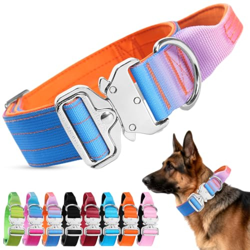 Ledeak Taktisches Hundehalsband, Breites Halsband Hund, Gepolstert Nylon Hunde Halsband mit Griff, Verstellbar Dog Collar mit Metallschnalle für Mittlere Große Hunde (Orange Lila Blau Farbverlauf, M)