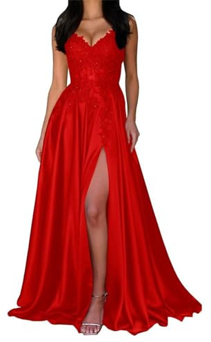 ORRCIGH Abito da damigella d'onore con spalline sottili in pizzo con applicazioni, abito da sera, abito da ballo, abito formale da sera, abito lungo da festa, con spacco WPX020, Rosso, 54 Più