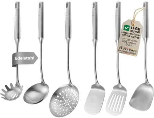 KIMIJO Küchenhelfer 6er Set Edelstahl - Hochwertige Kochutensilien für Wok & Küche - Schaumlöffel, Pfannenwender, Fischwender, Schöpflöffel, Spaghettilöffel & Wok-Wender