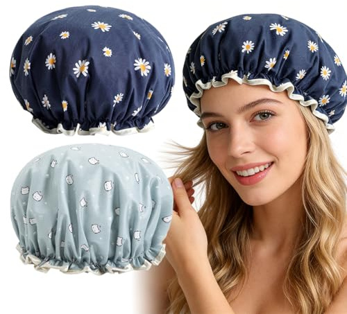 MIRKUZI Shower Caps, Due cuffie da doccia impermeabili, riutilizzabili ed elastiche a doppio strato con elastico. Adatte per spa, bagno e uso domestico. Cuffie per la cura dei capelli