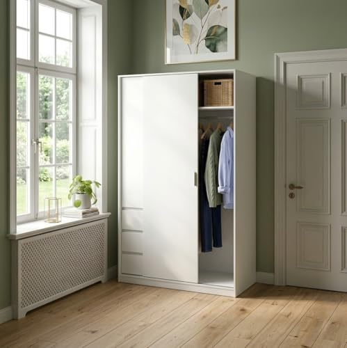 Home Treats Sliding Door Wardrobe With 3 Drawers & Hanging Rail White. Clothes Closet with Shelves Large Storage Bedroom Furniture