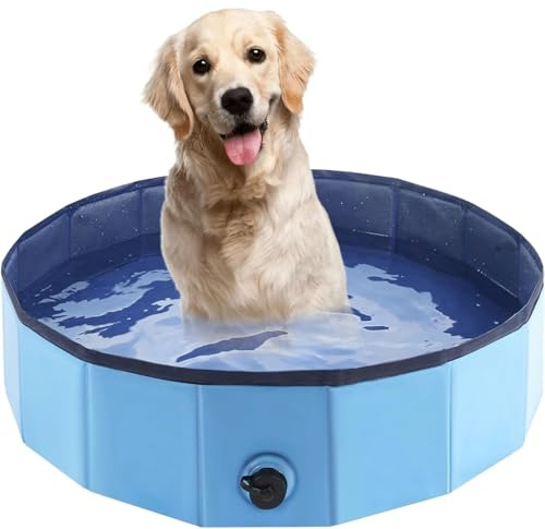 Hundepool Faltbar, Anti-Rutsch Planschbecken für Hunde & Katzen, Robuste Hundebadewanne aus 3-lagigem PVC & MDF, Wasserdichter Schwimmpool mit Abfluss für Garten Bad (80x20cm)