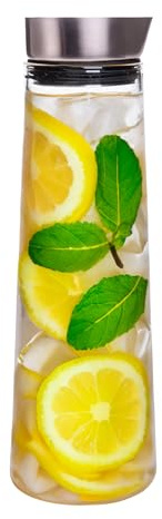 KRUMBLE 1.5 L Jarra de Agua de Vidrio con Tapa, Jarra de Cristal con Tapa de Acero Inoxidabl para Té Helado, Limonada, Vino, Café, Bebida de Jugo, 10,5 x 33 cm, Botella de agua de cristal