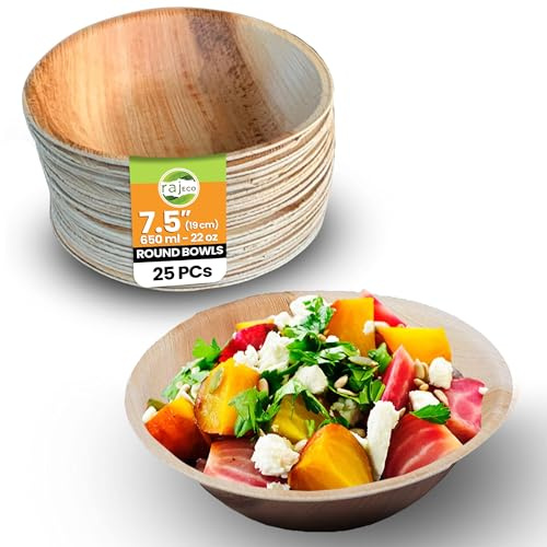 Raj Einweg Palmblatt Schalen 25 Stück 19 cm Runde | Stabile Kompostierbare Partyschalen, Dekoratives Geschirr für Geburtstag, BBQ, Picknick, Hochzeit, Camping & Outdoor