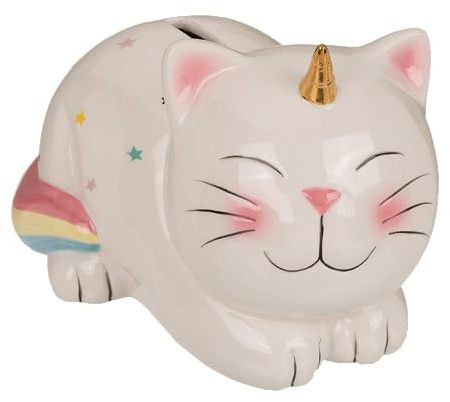 Dekohelden24 Keramik Spardose als Einhorn-Katze - Spar-Einhorn - Katzensparbüchse - Saving-Box, Größe L/B/H: ca. 17 x 12 x 12 cm
