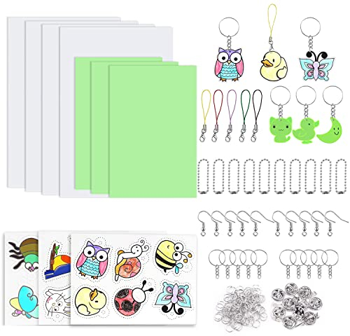 Suitedget B-041 155Pcs Schrumpffolie Shrink Plastic Set, 3 Stück Leuchtendes Schrumpffolie Papier Und 3 Stück Papier Mit Grafiken