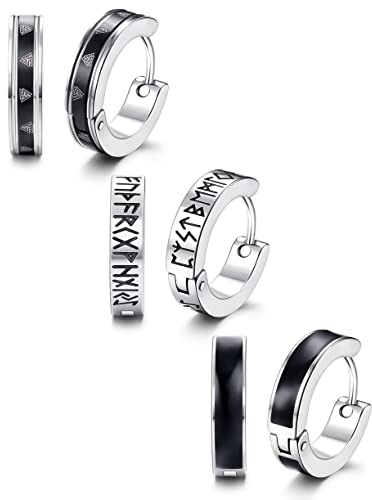 Adramata Creolen Herren Ohrringe Edelstah Nordischer Wikinger Rune Ohrstecker Creolen Silber Schwarz Set für Frauen Männer, Innendurchmesser 12mm