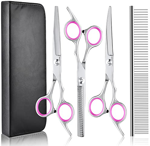 VSSHE Hundeschere Fellschere,4 in 1 Edelstahl Hundescheren Set Pfotenschere Haustierschere Mit Schneideschere Ausdünnungsschere Gebogener Schere und Pflegekamm für Hundekatzen und mehr Haustiere