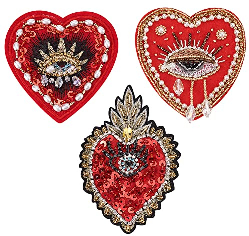 INFUNLY Böse Augen Herz Perlen Patches Strass Applikation Patches 3 Stil Pailletten Applikation Aufnäher Kristall Herz Patch Für Kleidung Jeans Jacken Handtasche Schuhe DIY Dekor