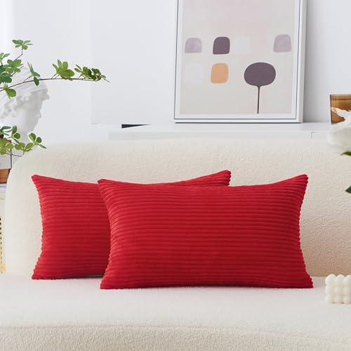 Home Brilliant - Paquete de 2 fundas de cojín rojas, funda de cojín de 30 x 50 cm para fiesta, suaves, a rayas, de corderoy, fundas decorativas dispersas para Navidad para silla, sofá, cama y sillón