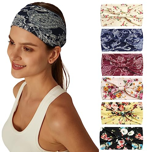 6PCS Stirnbänder für Frauen Breite Boho Kopftücher Rutschfeste Bandanas Haarbänder Elastische Haar-Accessoires Geknotete Turbane Head Wrap Erwachsene