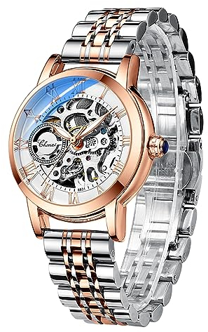 FORSINING Automatische mechanische Damenuhr, rotgoldenes Edelstahlband, luxuriöses Skelett-Zifferblatt, elegante Damen-Armbanduhr, 88303, Armband