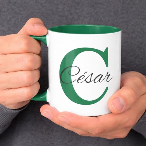 C&P Taza Personalizada en color blanco brillo con asa e interior color, con Inicial y Nombre de cerámica 350 ML (VERDE)