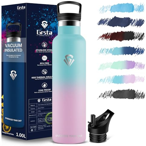 Grsta Botella Agua Acero Inoxidable - 1L - Botella Termica - Cantimplora Termica - Sin BPA - Botella agua Gimnasio para Adultos, Deportiva, Gym, Escuela