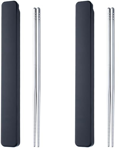 Portable Chopstick with Pull Design Case Reusable Stainless Steel Chopstick | 2 Pair Metal Travel Utensil for School Home Office Outdoor Camp Bento Box Use, Dishwasher Safe (Black)