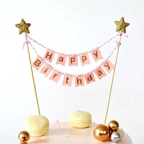 Craft Cart Glitter Gold Happy Birthday Pink Paper Banner Cake Topper Gold Star for Party Decoration Design Idea