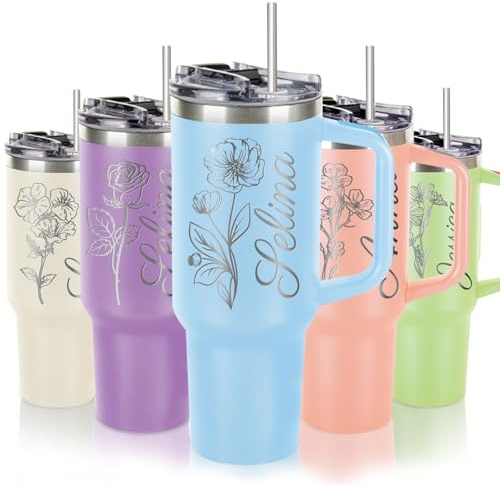 Gobelet personnalisé de 1200 ml avec poignée et couvercle à paille, bouteille d'eau personnalisée en acier inoxydable avec noms et fleur de naissance, cadeau personnalisé pour mères, Saint-Valentin