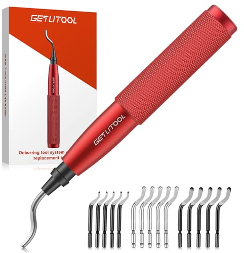 GETLITOOL Entgrater mit 16 Klingen, 360 ° Rotierender Klinge Handentgrater Metallgriff mit Stauraum, Universal Entgrater Werkzeug für 3D Drucker, Kunststoff, Edelstahl, Aluminium, Metall(Rot)