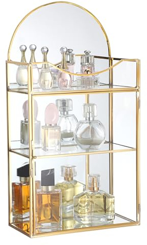 SUMTree Goldfarbene Glas-Schmuckvitrine mit Kuppeloberseite, goldener Schmuckvitrine, Glas-Spiegelschrank, Vitrine für Schmuck mit 3 Fächern, goldener Schmuck-Organizer, 20,2 x 10 x 37,8 cm