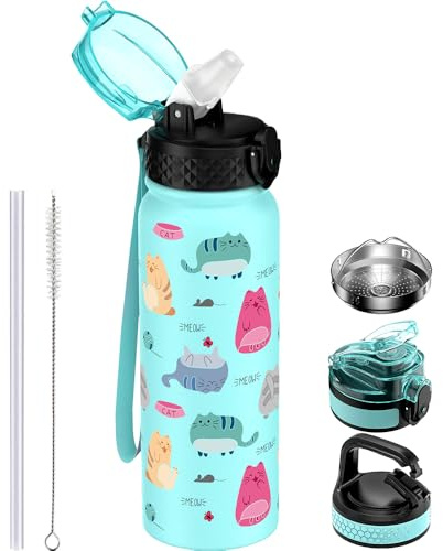 GOPPUS Borraccia Acciaio Inossidabile 600ml/20oz con Cannuccia Borraccia Sportiva Isolata Bottiglie d'Acqua in Metallo Ribaltabili a Doppia Parete Tenuta Stagna per Sport Palestra con 3 Coperchi
