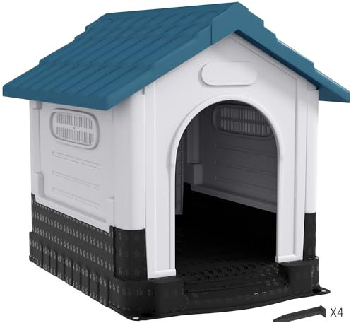 PawHut Dog Kennel for Outside, Plastic Dog House, Water-Resistant Pet Shelter with Windows, for Garden Patio, Medium and Large Dogs, 101 x 88 x 99cm - Blue