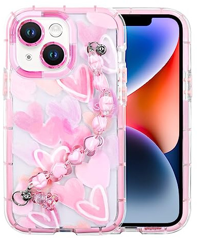 YEPO For iPhone 14 Case Cute Wrist Strap, Pink Heart Design Soft TPU Shockproof Protective Clear Phone Cases for iPhone 14 Girls Women Mobile Cover