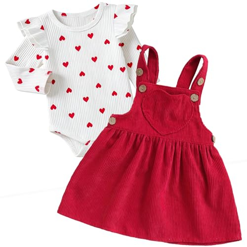 Asmea Baby Girl Clothes 9-12 Months Baby Clothes Cute Babys Clothing Heart Long Sleeve Ruffle Romper Infant Overall Dress Babies Girl Outfits Gift Set Spring Red Babys Girls Dresses 9-12 Months