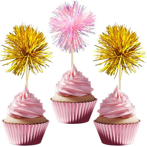 Gyufise 30Pcs Foil Firework Cupcake Toppers Sparkle Tinsel Cake Toppers Tinsel Drink Cake Decoration Cocktail Picks for Birthday Wedding Graduation Party Supplies Gold Pink