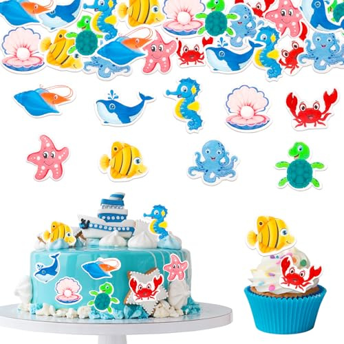 GoldRock Essbare Tortendeko Meerestiere,56 Stk Unterwasserwelt Cake Topper Meerestiere Deko Torte,Schildkröte,Fische,Seepferdchen Deko Kuchen,Esspapier Tortendeko Meer, Ozean Themen Muffin Deko Essbar