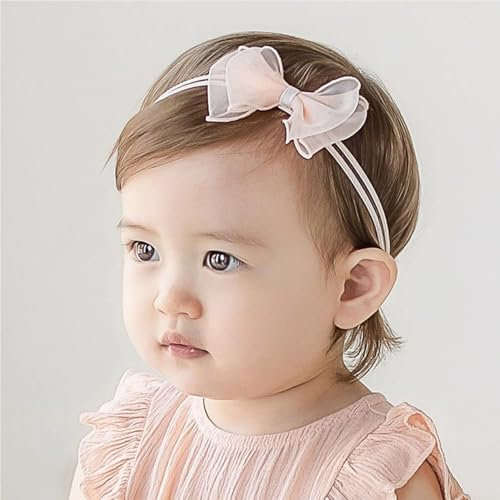 Baby Mädchen Stirnbänder Weiß Dehnbare Stirnband Doppelspitze Spitzebowknot-Haarband Weich Baby Hairband Neugeboren Haarschmuck Babygeschenke für Neugeborene（Rosa Schleife）