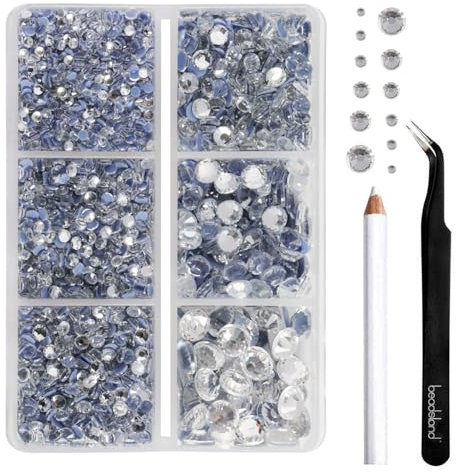 BEADSLAND pedreria hotfix,4000 PCS piedras strass termoadhesivas diamantes cristales para manualidades,Kit mixto de 6 tamaños con lápiz de cera y pinzas,SS6-SS30,Cristal Blanco Rhinestones