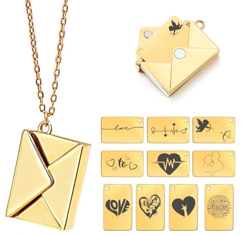 Urijk Personalized Envelope Locket Necklace with Photo, Custom Love Letter Necklace, Gold Locket Necklace, Secret Note Necklace, Letterbox Necklace, Personalized Necklace for Women(Gold-C)