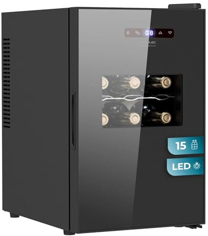 Cecotec Vinoteca Bolero GrandSommelier 1550 CoolCrystal. Bodega para 15 botellas, temperatura ajustable de 5-18ºC, enfriamiento termoeléctrico, silenciosa con 35 dB, panel táctil y LED eco-friendly.